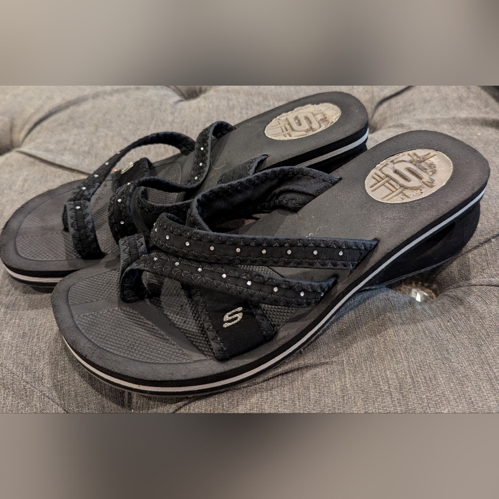 Skechers Cali Black Rhinestone Sequin Women's 9 Wedge Slip-On Flip-Flop Sandals